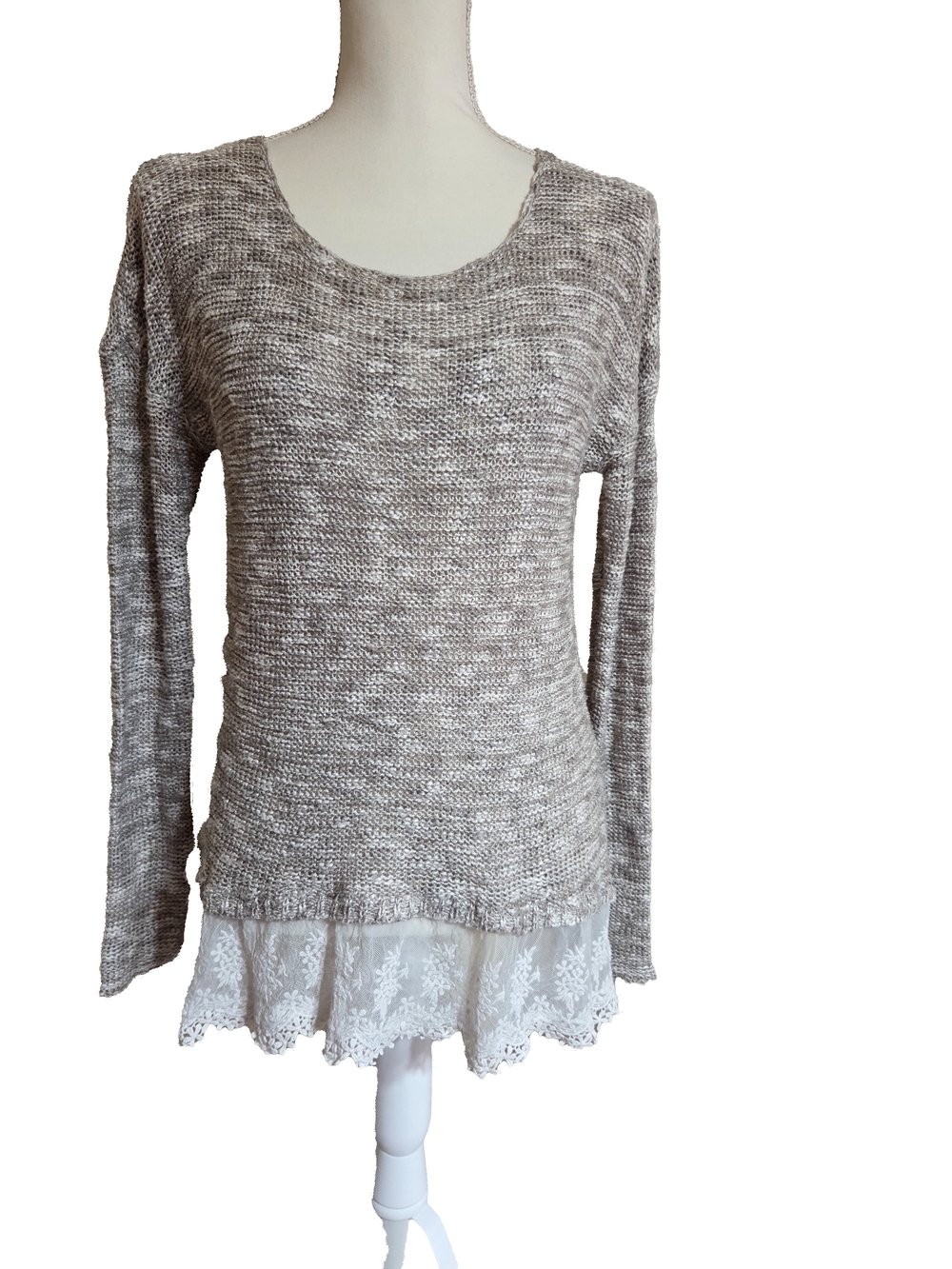Beige Knit Sweater with Lace Hem